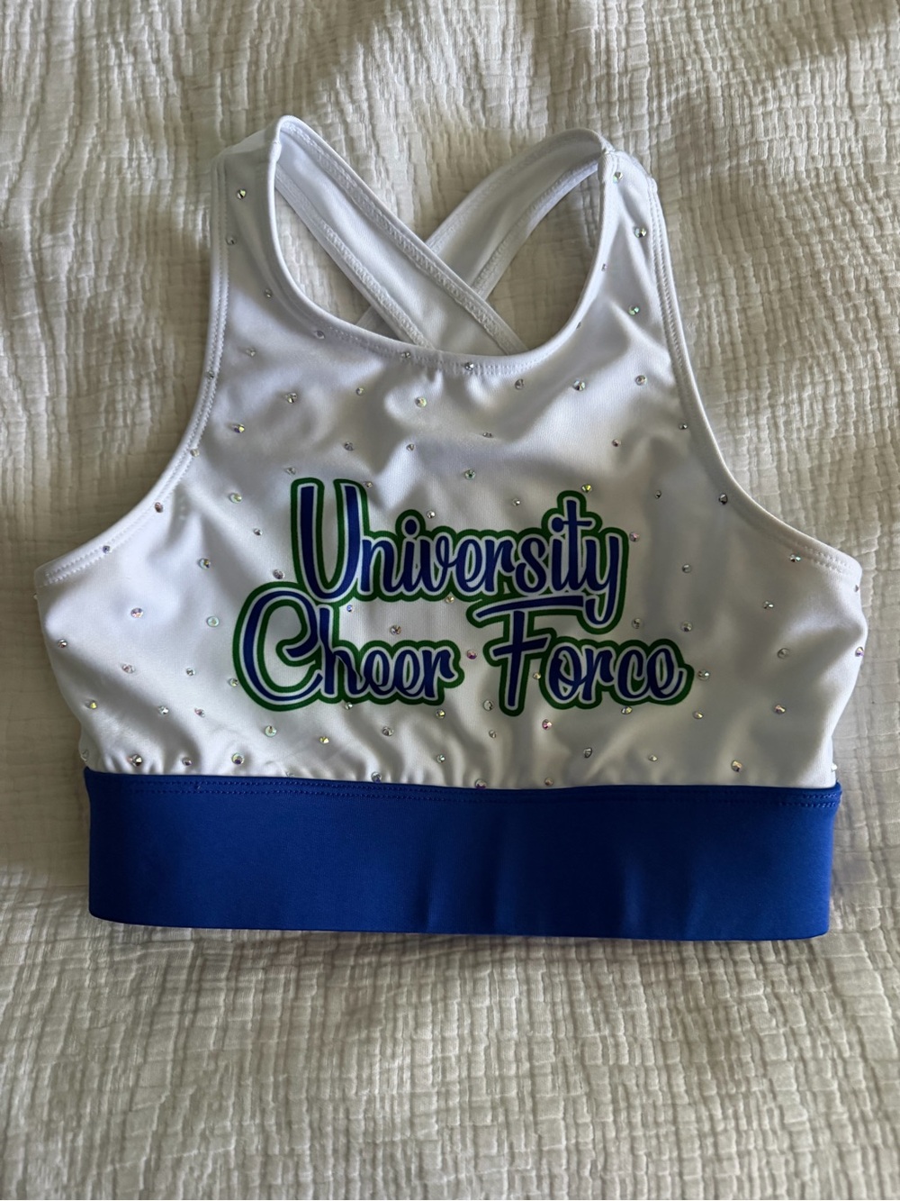University Cheer Force White & Blue Girls' Performance Sports Bra